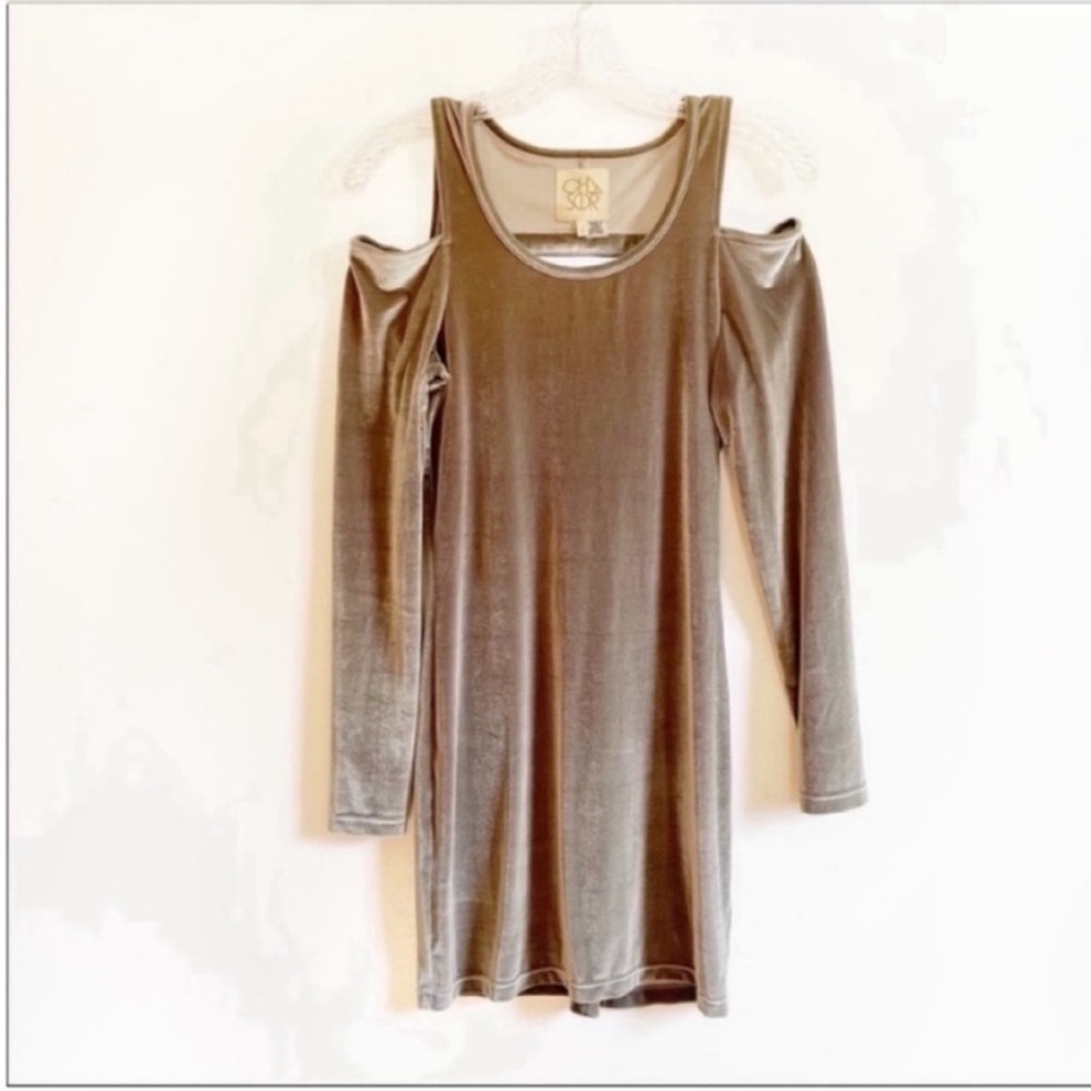 Chaser dress silver pewter velvet cold shoulder mini cocktail cutout